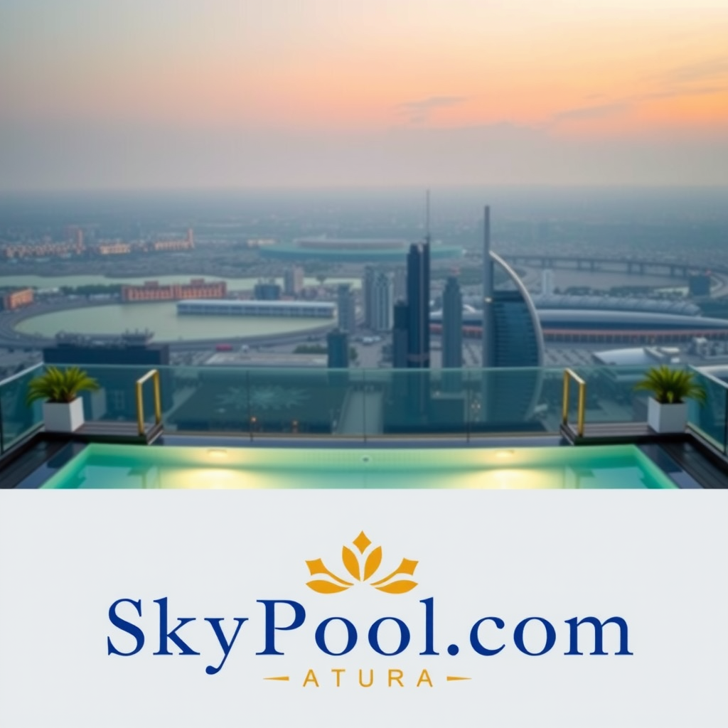 SkyPoolAtAura.com - Luxury rooftop infinity pool with Dubai skyline views, elegant logo design featuring gold and blue colors