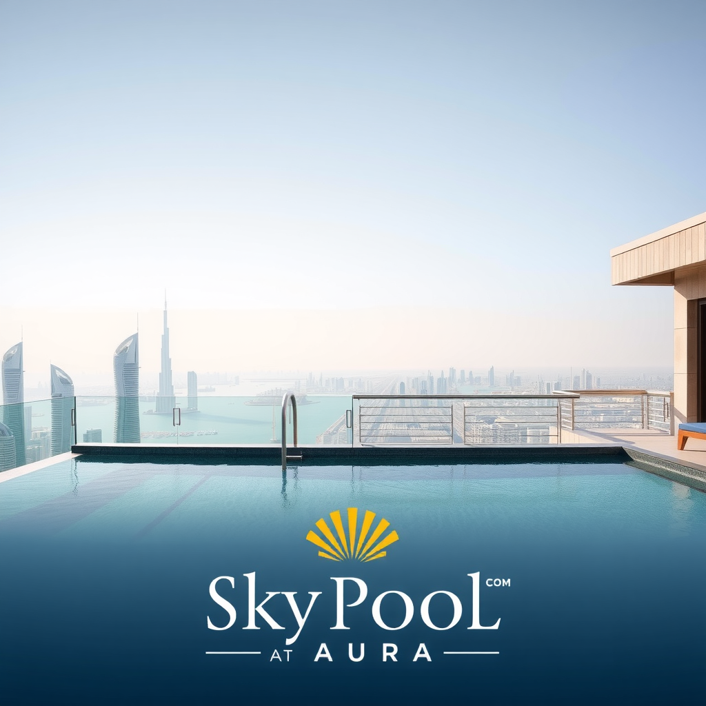 SkyPoolAtAura.com - Luxury rooftop infinity pool with Dubai skyline views, elegant logo design featuring gold and blue colors