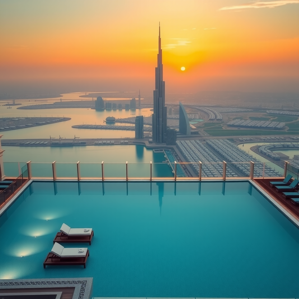 Stunning panoramic view of Sky Pool at Aura infinity pool overlooking Dubai skyline at sunset with luxurious loungers and elegant architectural design