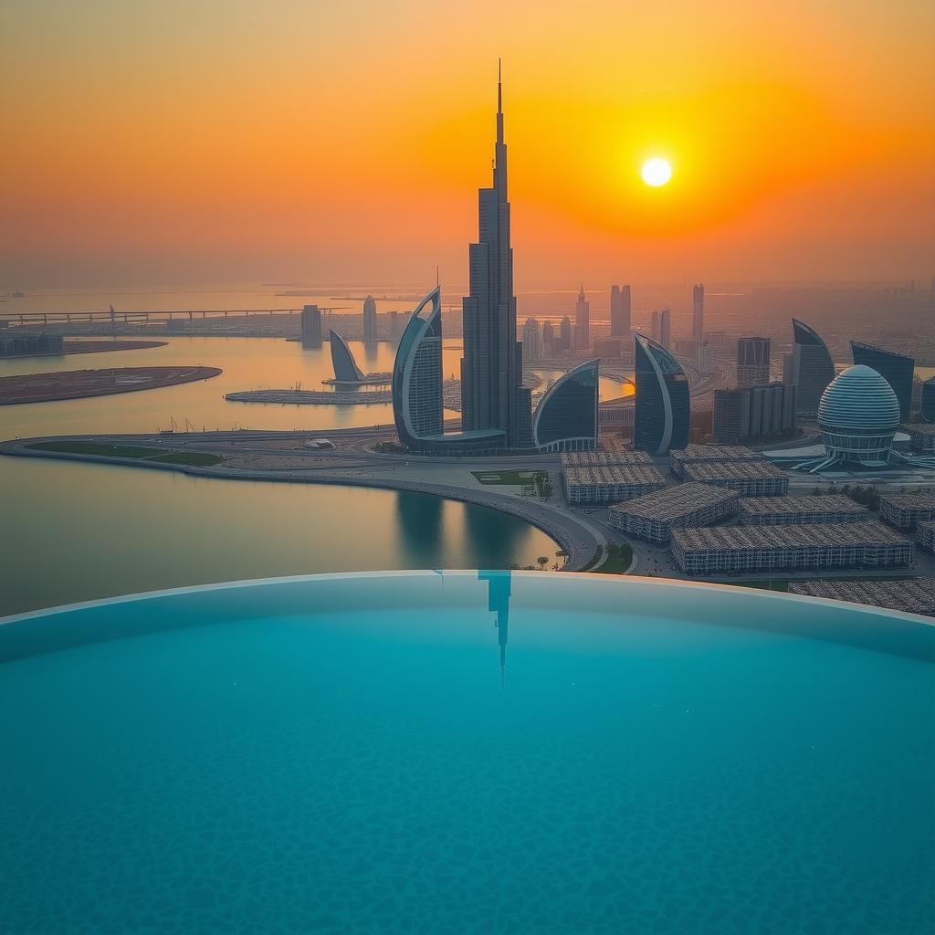Stunning aerial view of Dubai skyline at sunset with Palm Jumeirah and luxury infinity pool in foreground, golden hour lighting, crystal clear water reflecting sky