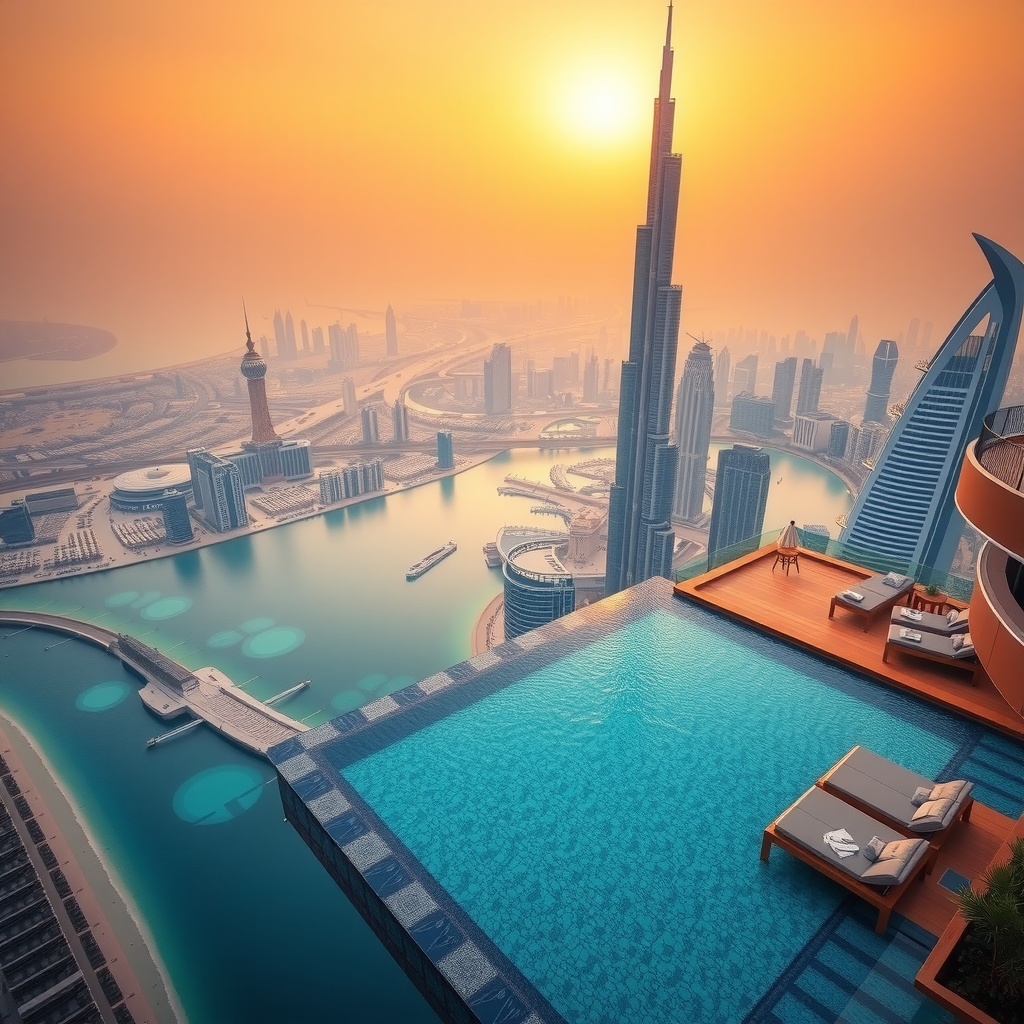 Stunning aerial view of Sky Pool at Aura's infinity pool edge with Dubai's glittering skyline in the background during golden hour, perfect Instagram moment with turquoise water reflecting the sunset colors