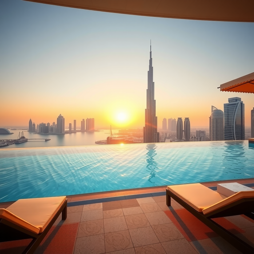 Stunning panoramic view of Dubai skyline from Sky Pool at Aura infinity pool at sunset, with crystal-clear turquoise water reflecting golden hour light, modern luxury loungers, and the iconic Burj Khalifa visible in the distance