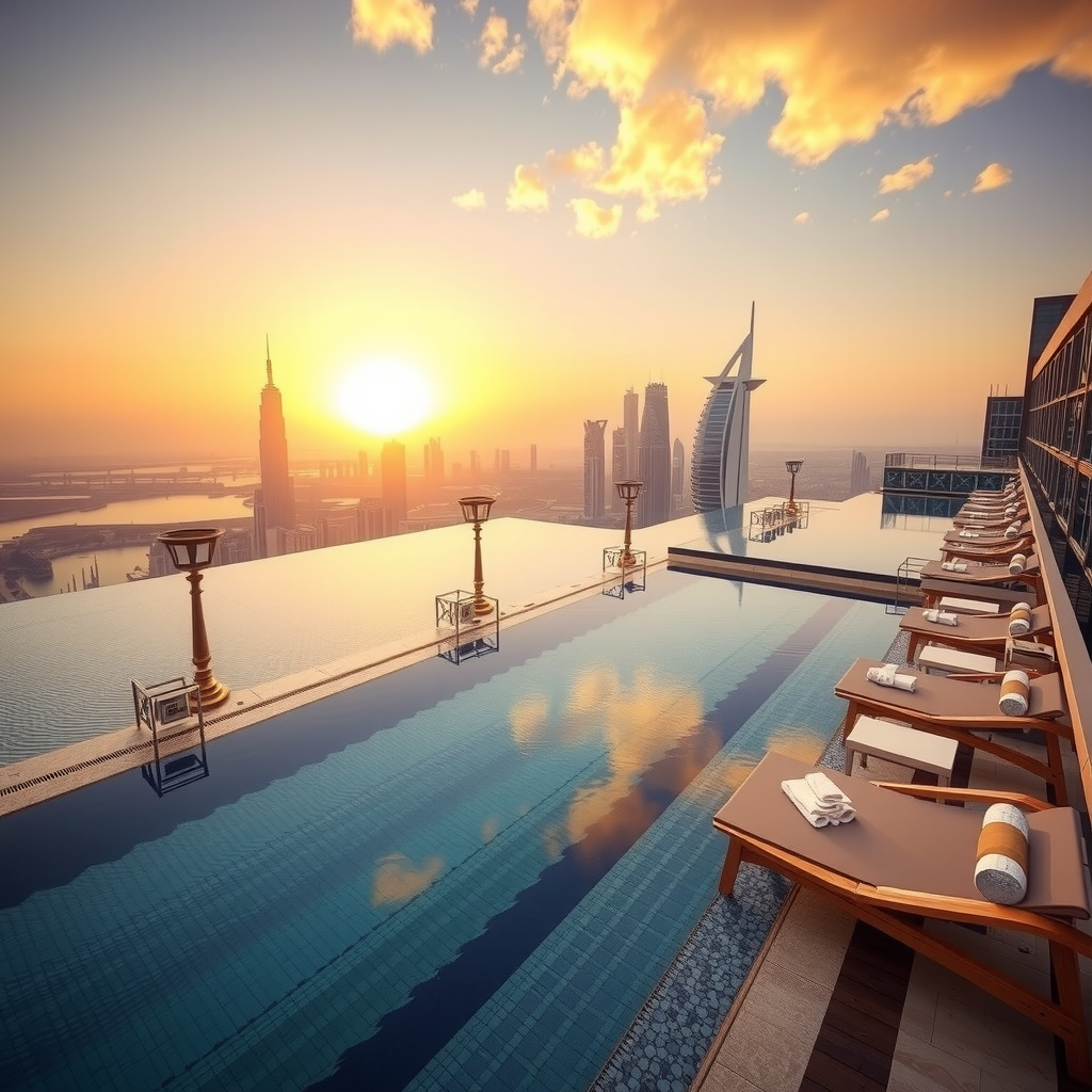 Stunning aerial view of Sky Pool at Aura infinity pool overlooking Dubai skyline at sunset, with luxurious lounge chairs and elegant poolside cabanas, golden hour lighting reflecting off the water
