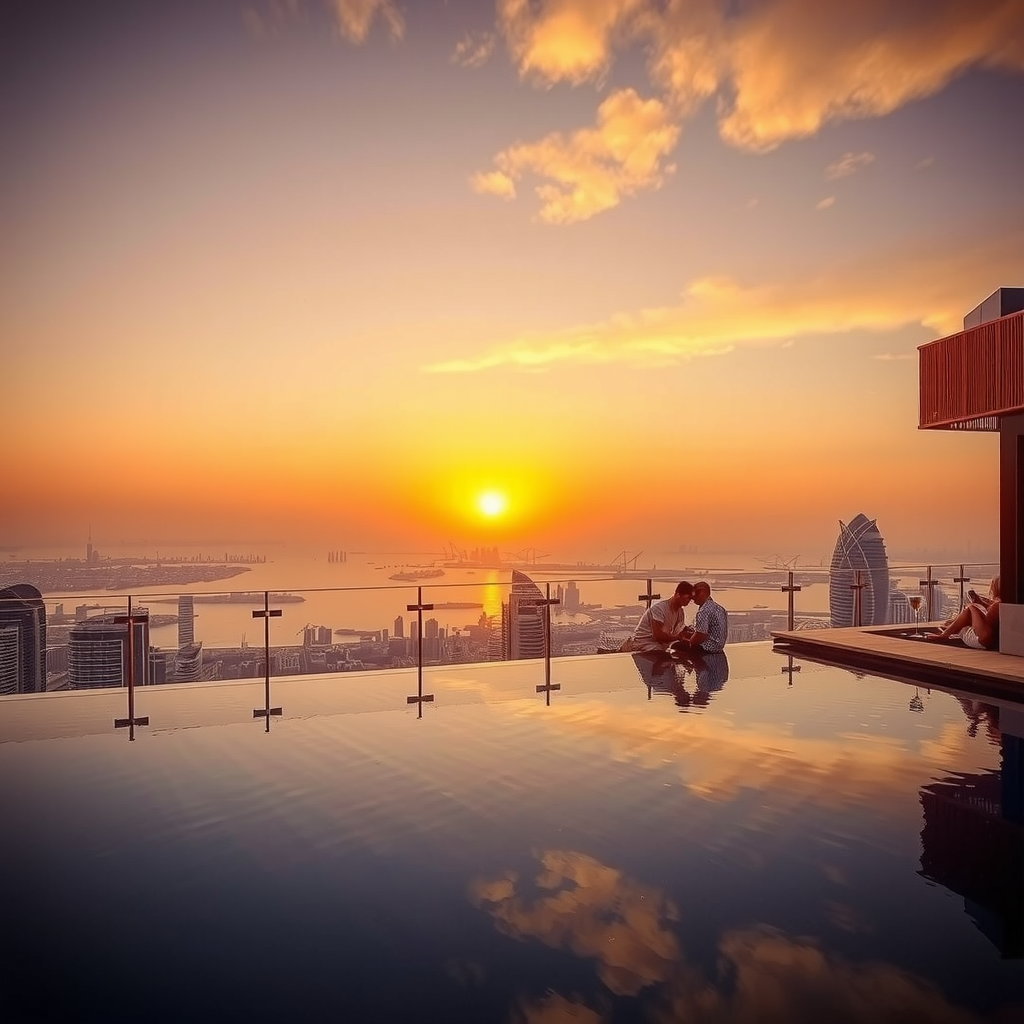 Breathtaking sunset view from Sky Pool at Aura showing the infinity pool reflecting golden and orange hues of the setting sun, with Dubai's illuminated skyline in the background, silhouettes of guests enjoying cocktails, and the sky transitioning from warm amber to deep twilight blue