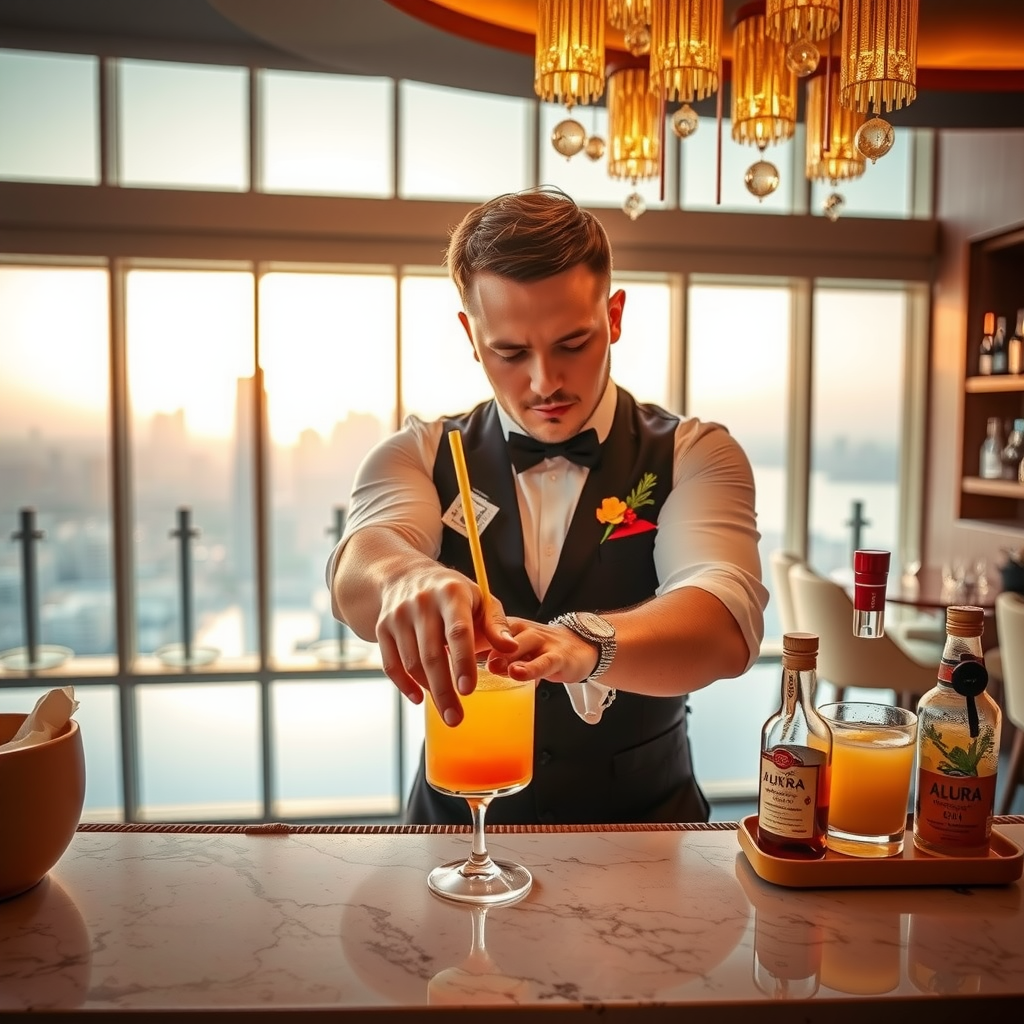 Professional mixologist in elegant attire carefully crafting a signature cocktail at Sky Pool at Aura's luxurious rooftop bar, with Dubai skyline visible through floor-to-ceiling windows in the background, golden hour lighting, premium spirits and fresh ingredients on marble counter