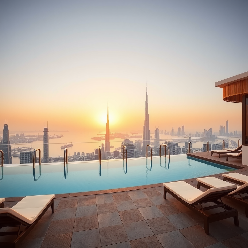 Panoramic view of Sky Pool at Aura rooftop infinity pool overlooking Dubai skyline during golden hour, with luxurious lounge chairs and elegant poolside cabanas