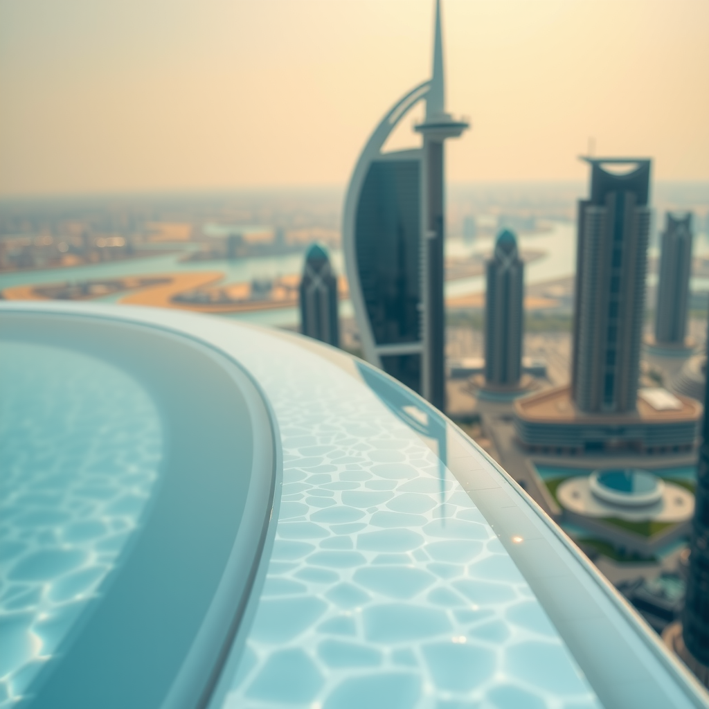 Close-up view of Sky Pool at Aura infinity pool edge with crystal-clear water merging with Dubai skyline, showcasing modern pool design and luxury ambiance
