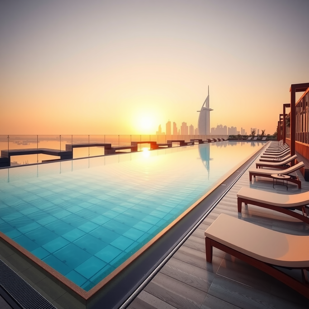 Stunning infinity pool at Sky Pool at Aura during golden hour, with crystal-clear turquoise water reflecting the iconic Dubai skyline, Instagram-worthy rooftop setting with luxurious loungers and ambient lighting