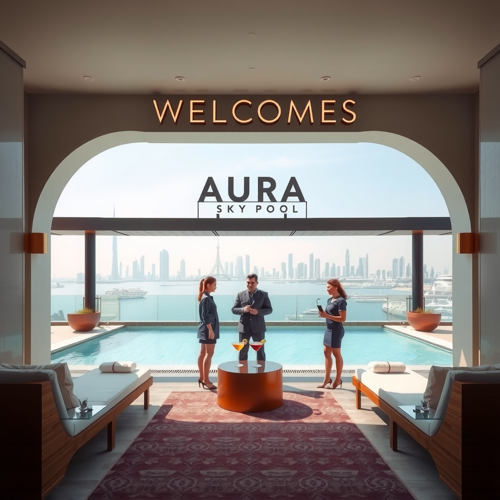 Welcoming view of Sky Pool at Aura entrance with elegant signage, luxurious lounge chairs, and staff greeting first-time visitors with signature cocktails against Dubai skyline backdrop