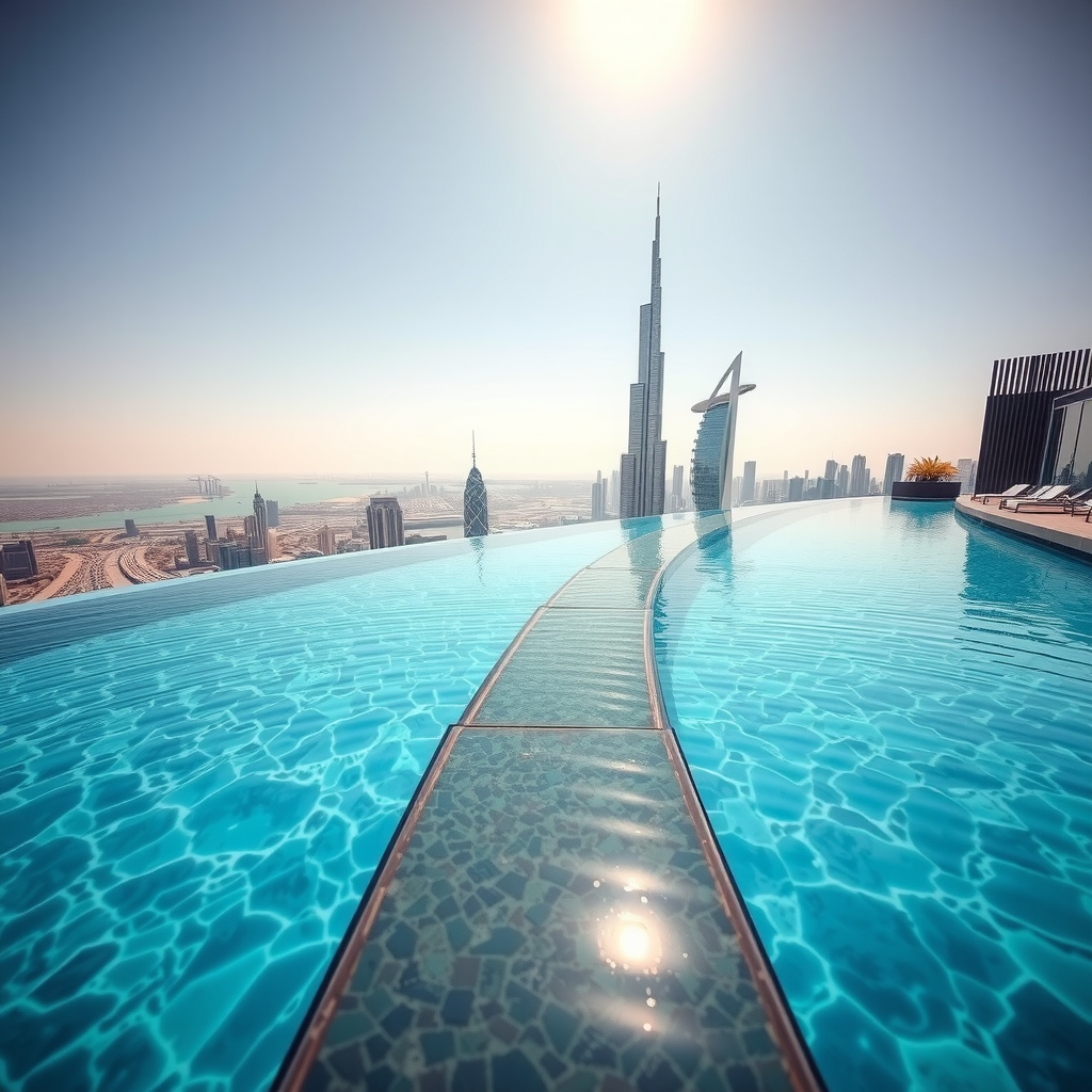 Dramatic perspective shot from the edge of Sky Pool at Aura infinity pool, showing the seamless water edge merging with Dubai skyline, crystal-clear turquoise water, and the illusion of floating above the city