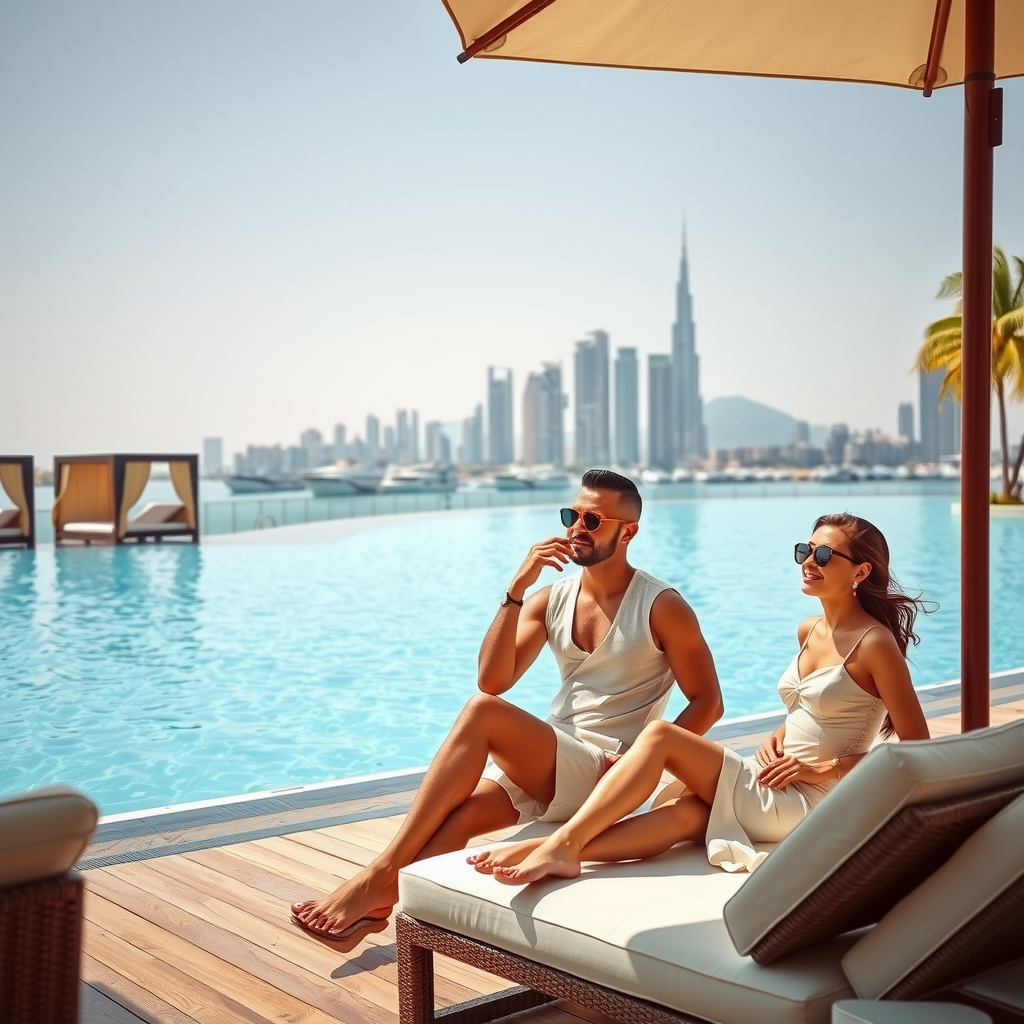 Sophisticated guests in elegant resort wear relaxing by the infinity pool at Sky Pool at Aura, with Dubai Marina skyline in background, luxury cabanas and pristine pool setting