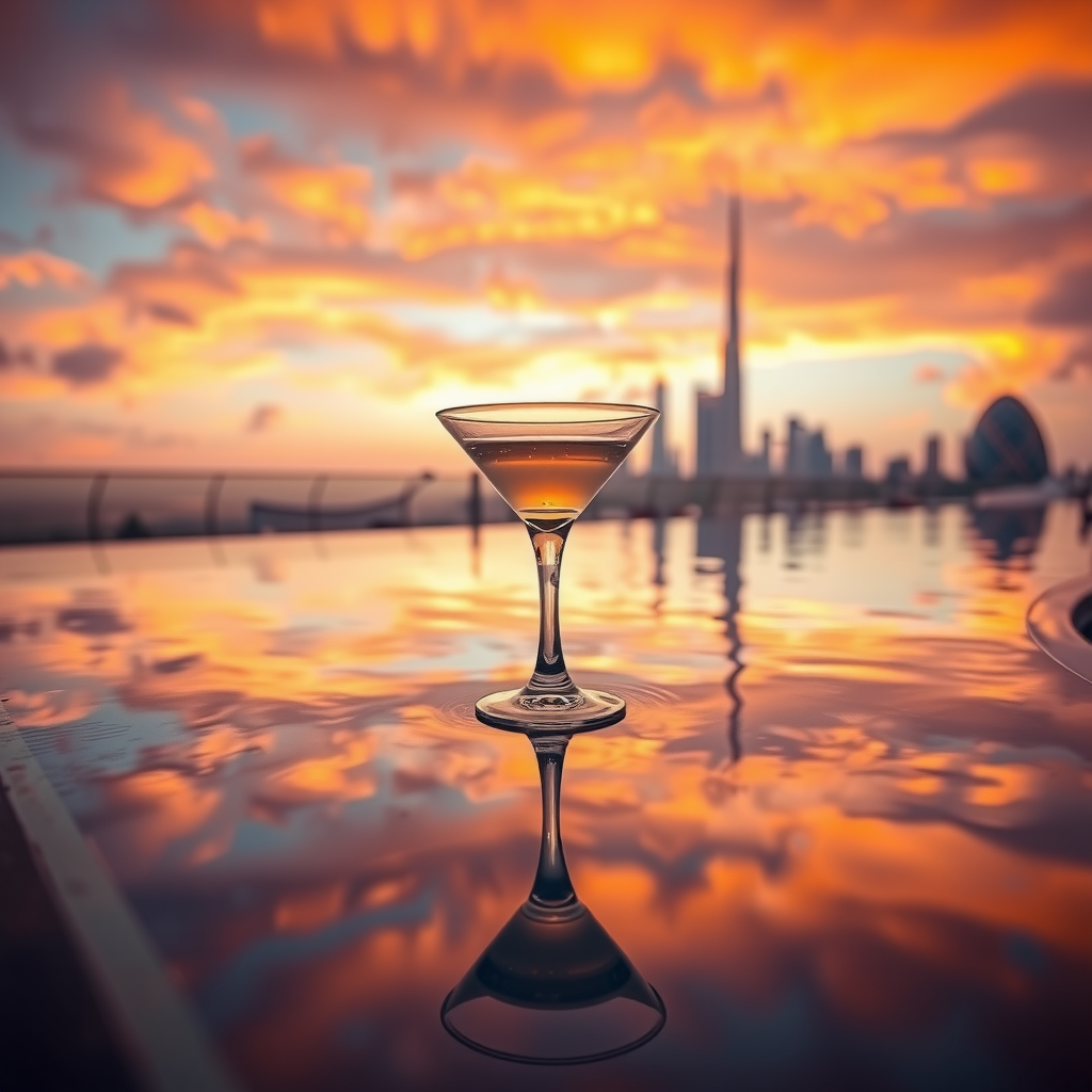 Close-up view of the infinity pool's edge at sunset, water surface reflecting vibrant orange and pink clouds, with a cocktail glass in the foreground and the Dubai skyline silhouetted against the colorful sky, creating a perfect mirror effect in the pool water
