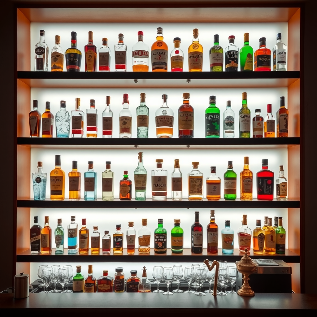 Elegant display of premium spirits and rare liquors on illuminated glass shelves at Sky Pool bar, featuring top-shelf vodkas, gins, rums, and whiskeys, with soft ambient lighting creating a luxurious atmosphere