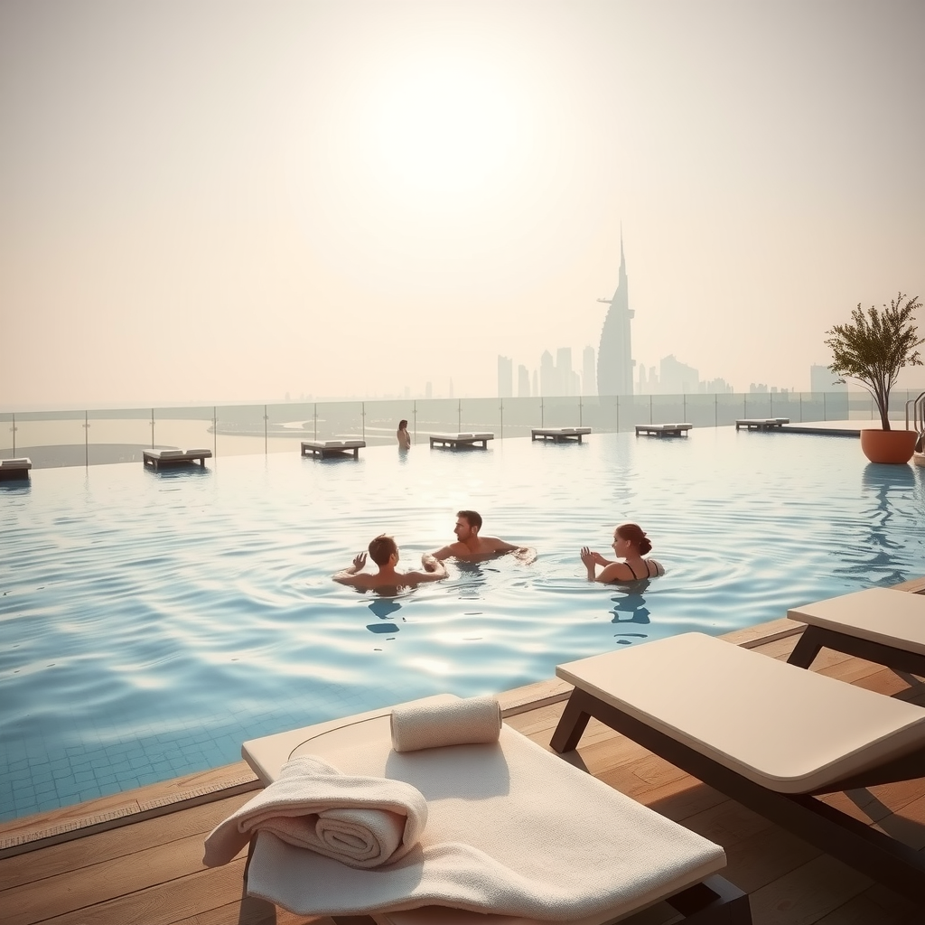 Peaceful morning scene at Sky Pool at Aura infinity pool with soft morning light, minimal guests enjoying quiet swim, fresh towels arranged on pristine lounge chairs, and Dubai skyline in gentle morning haze