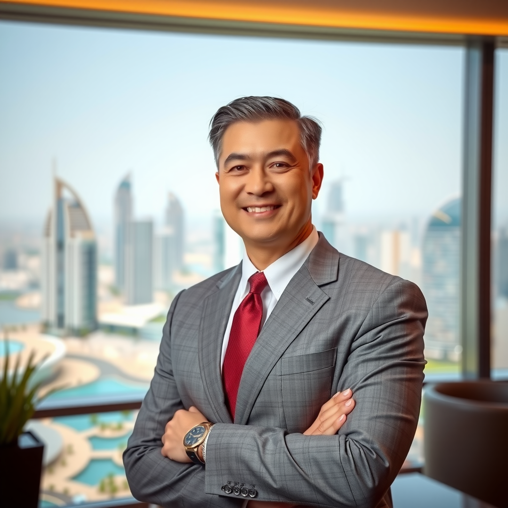 Professional portrait of Sky Pool at Aura General Manager in elegant business attire with Dubai skyline background