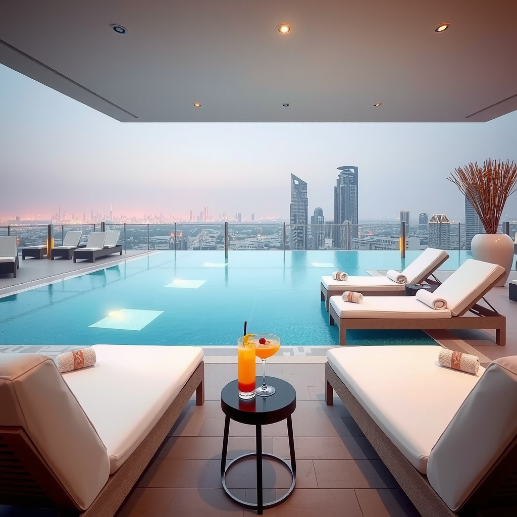 Luxurious Sky Pool at Aura rooftop setting with premium white loungers, elegant cabanas, signature cocktails on side tables, sophisticated lighting design, and panoramic Dubai cityscape views perfect for first-time visitors