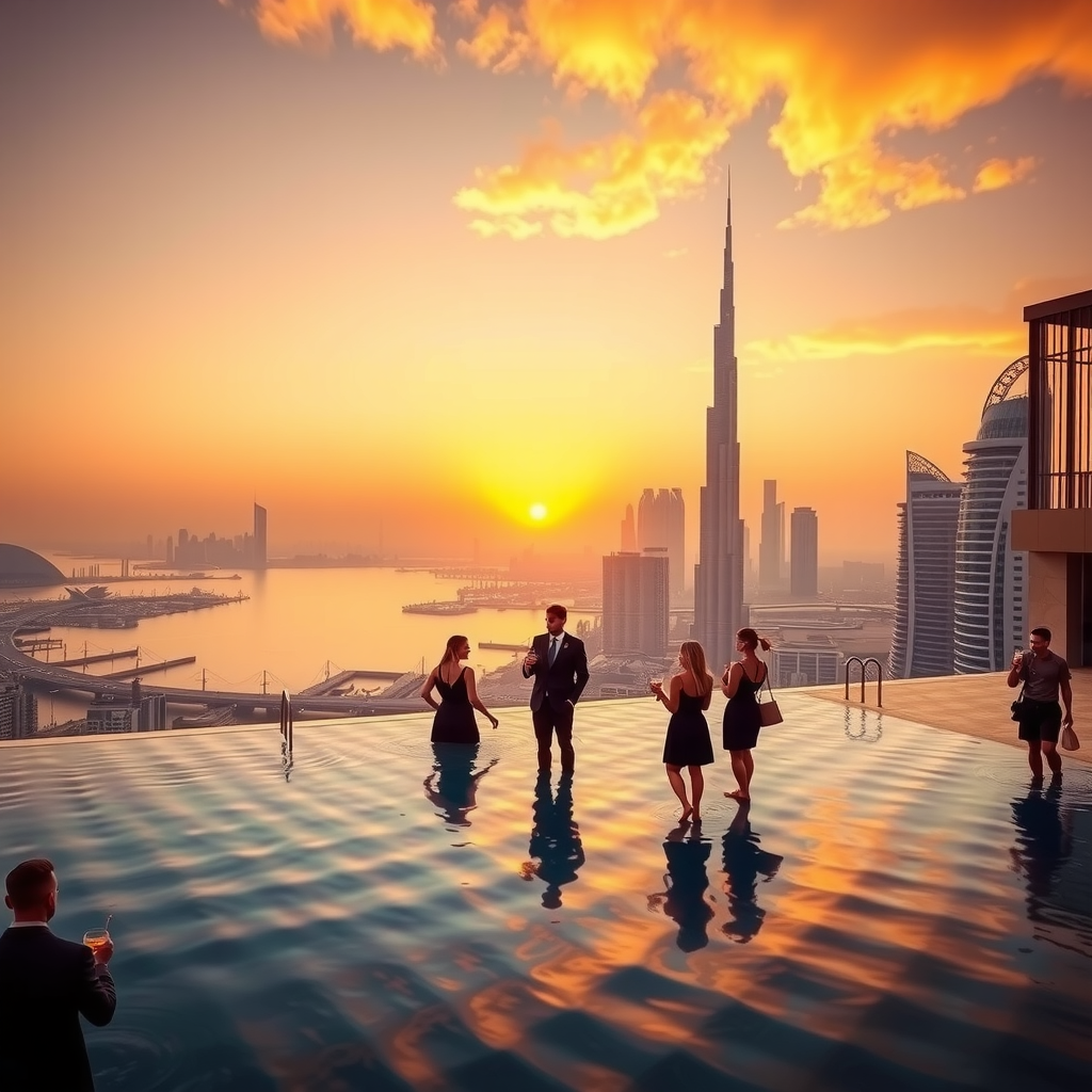 Breathtaking sunset view from Sky Pool at Aura infinity pool with golden and orange hues reflecting on water surface, silhouettes of guests enjoying cocktails, Dubai's iconic skyscrapers bathed in warm twilight glow