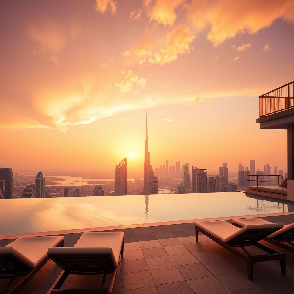 Spectacular golden hour sunset view from Sky Pool at Aura rooftop, showing warm orange and pink sky, silhouetted Dubai skyline including Burj Khalifa, and elegant poolside loungers bathed in golden light