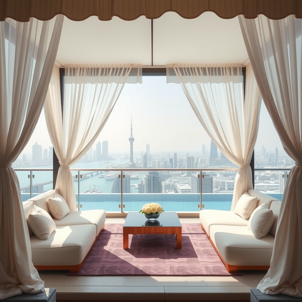 Luxurious private cabanas at Sky Pool at Aura with white curtains, plush seating, and stunning Dubai skyline views, elegant poolside setup with premium amenities