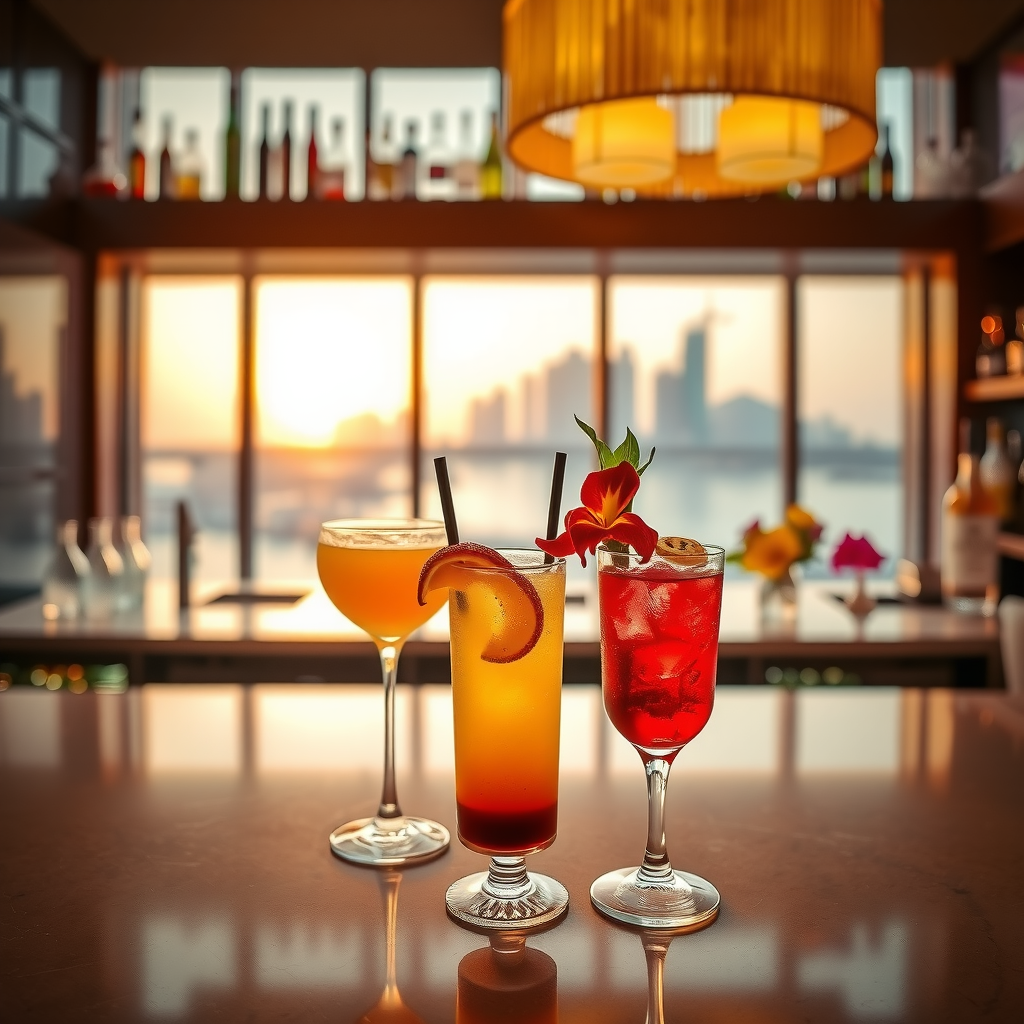Elegant cocktail presentation at sunset showing three colorful signature drinks on a sleek bar counter, garnished with fresh fruits and edible flowers, with the golden sunset and Dubai skyline visible through floor-to-ceiling windows in the background, professional bar setup with premium spirits displayed
