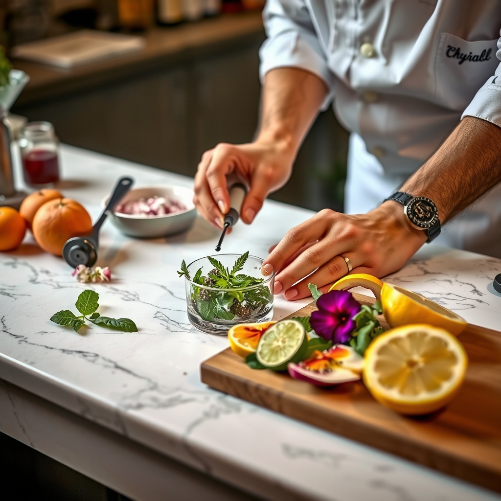 Close-up of mixologist's hands carefully preparing fresh ingredients including exotic fruits, herbs, and edible flowers on a pristine marble counter, with professional bar tools and cutting board visible