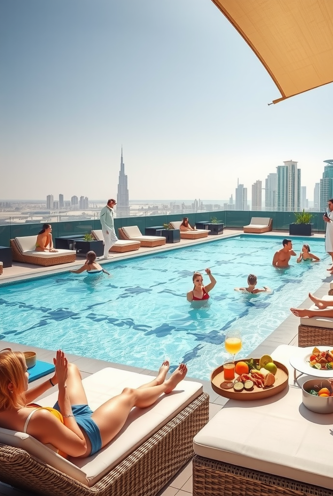 Vibrant afternoon scene at Sky Pool at Aura with guests lounging on premium sunbeds, enjoying cocktails, socializing in the pool, and servers delivering gourmet lunch plates under bright Dubai sunshine