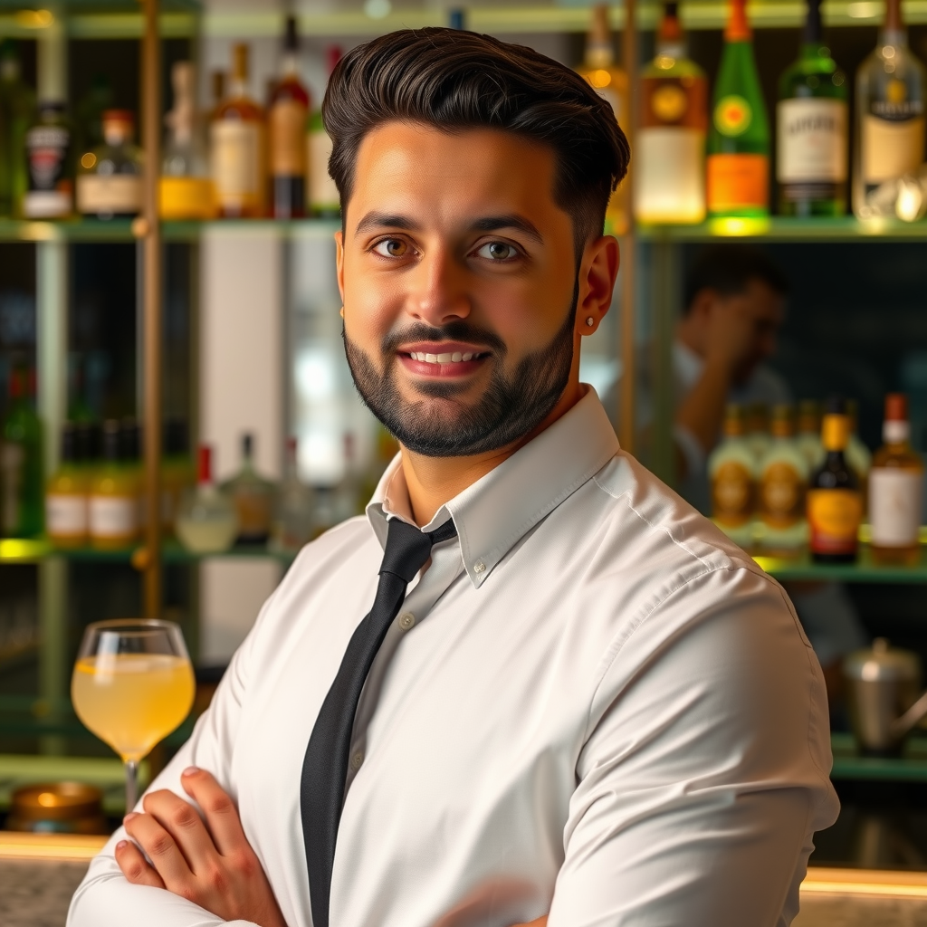 Professional portrait of Sky Pool at Aura Head Mixologist in sophisticated attire with cocktail bar background