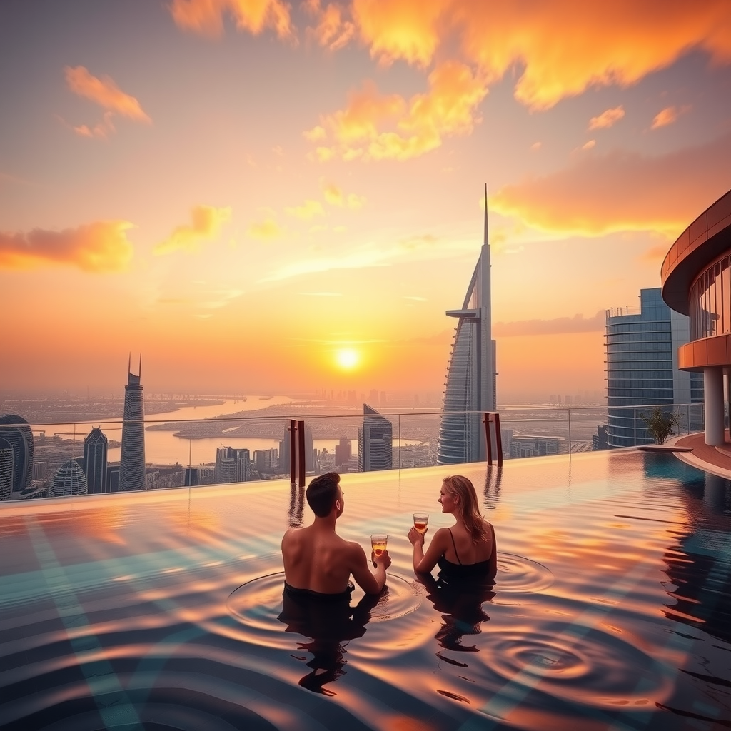 Breathtaking sunset view from Sky Pool at Aura infinity pool, golden hour lighting casting warm glow over Dubai skyscrapers, romantic ambiance with couples enjoying twilight drinks, orange and pink sky reflecting in pool water