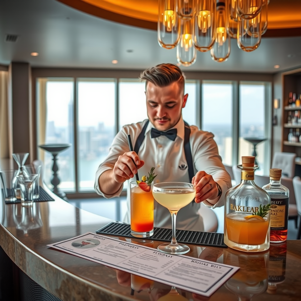 Professional mixologist at Sky Pool at Aura's elegant bar counter expertly preparing signature cocktails with premium spirits, fresh garnishes, and artistic presentation, luxury bar setup with Dubai skyline visible through floor-to-ceiling windows