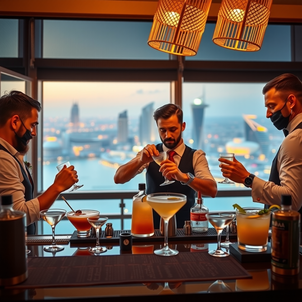 Sky Pool's professional bartending team of three mixologists working together behind the bar during golden hour, preparing multiple cocktails simultaneously, with Dubai's illuminated skyline visible through windows, sophisticated bar setup with premium glassware