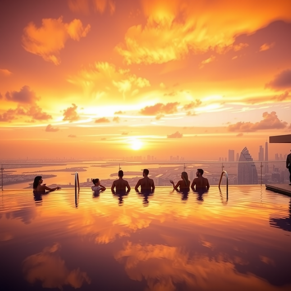 Stunning golden hour at Sky Pool at Aura infinity pool with dramatic orange and pink sunset sky, silhouettes of guests enjoying the view, pool water reflecting golden light, and Dubai skyline illuminated in warm evening glow