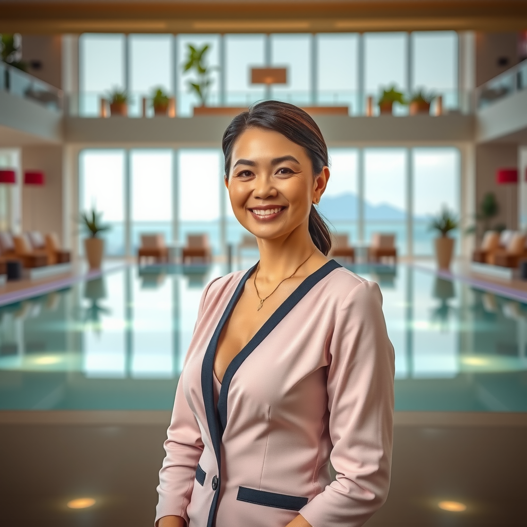 Professional portrait of Sky Pool at Aura Guest Relations Director in elegant attire with luxury pool setting background