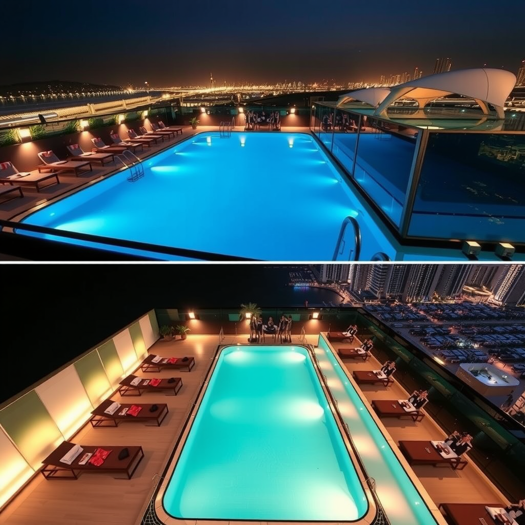 Split-screen composition showing Sky Pool at Aura's transformation from daytime relaxation with bright blue pool and sun loungers to nighttime sophistication with ambient lighting, evening crowd, and illuminated Dubai skyline