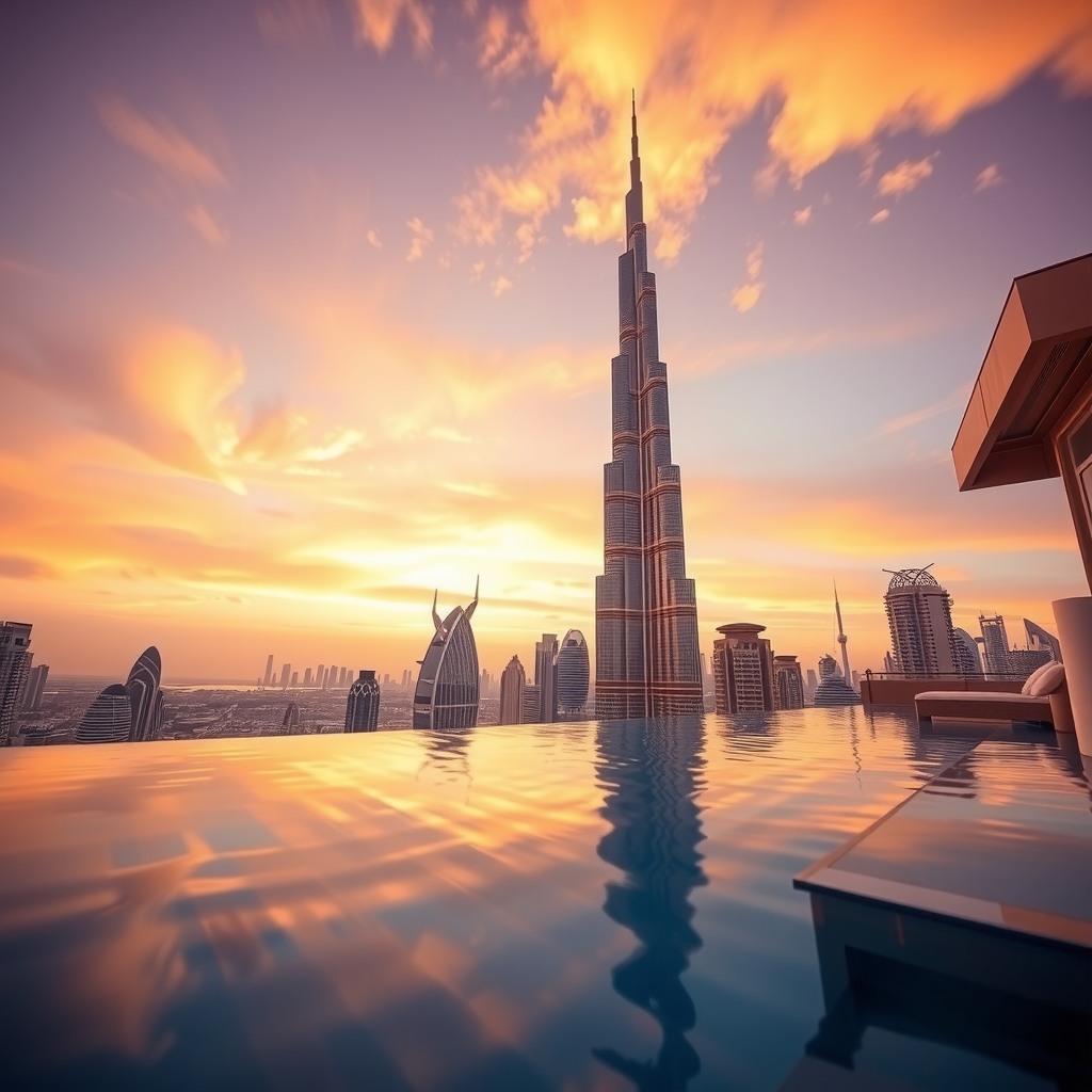 Close-up artistic shot of Dubai skyline from Sky Pool at Aura during golden hour, featuring the Burj Khalifa prominently, with warm orange and purple sunset colors painting the sky