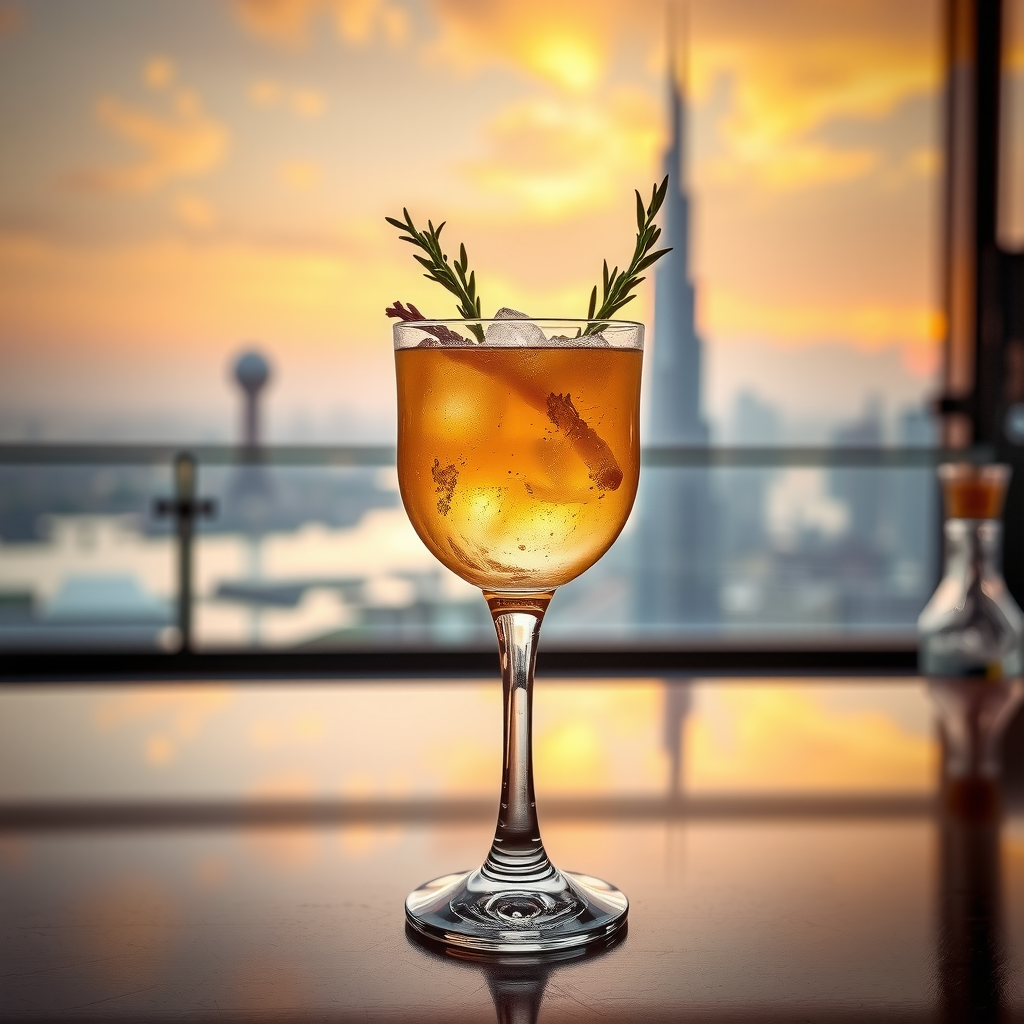 Beautifully presented signature cocktail in elegant glassware garnished with gold leaf and fresh herbs, photographed against Dubai skyline at sunset, professional bar setup with premium ingredients visible, sophisticated lighting highlighting the drink's colors and textures