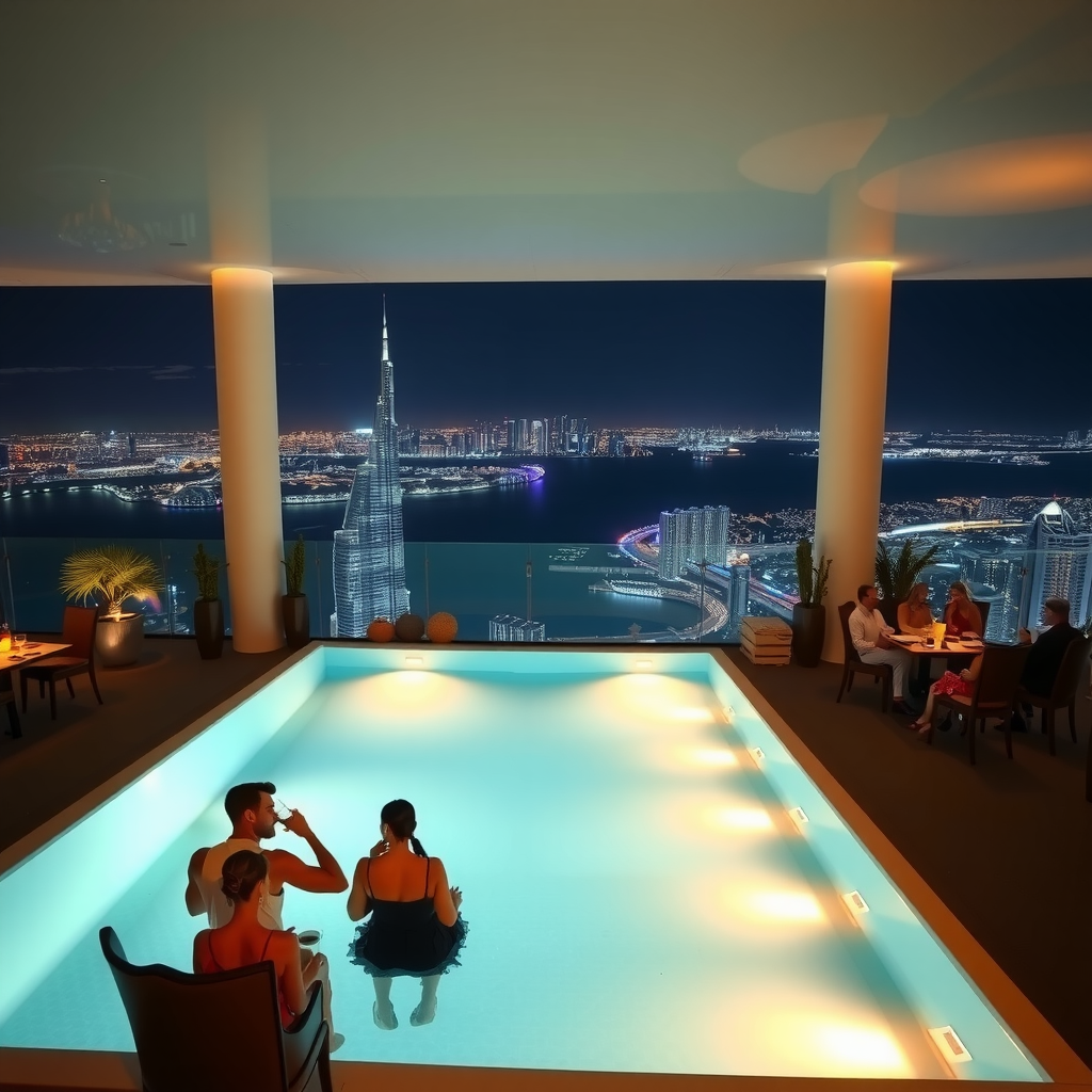 Sophisticated evening atmosphere at Sky Pool at Aura with illuminated infinity pool glowing blue, elegant ambient lighting, well-dressed guests enjoying dinner and drinks, Dubai skyline sparkling with city lights in background