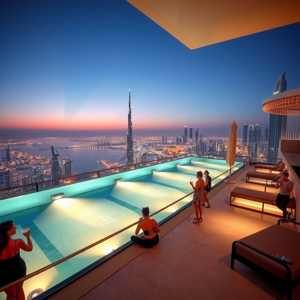 Stunning evening view of Sky Pool at Aura with illuminated infinity pool, elegant lighting, guests enjoying cocktails, and Dubai skyline glowing at twilight