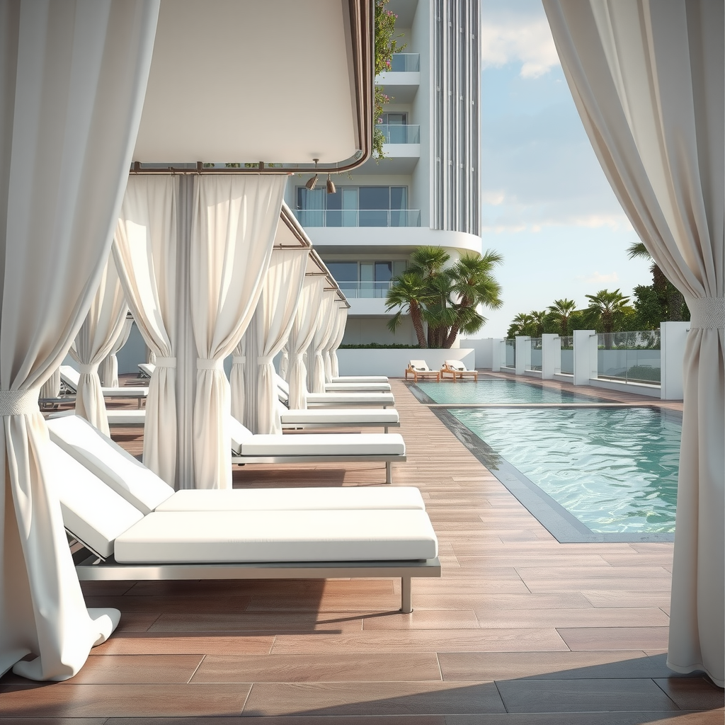 Sophisticated design details at Sky Pool at Aura showing elegant white and silver loungers, premium cabanas with flowing curtains, polished metallic accents, and lush greenery against modern architecture