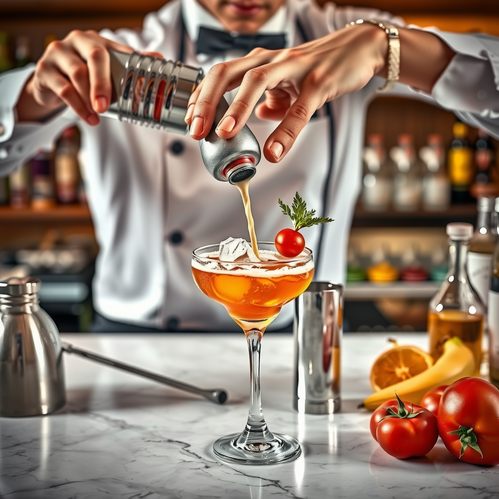 Step-by-step cocktail preparation process showing mixologist's hands measuring ingredients, shaking cocktail shaker, straining into glass, and adding final garnish, professional bar tools and fresh ingredients on marble counter, detailed close-up shots