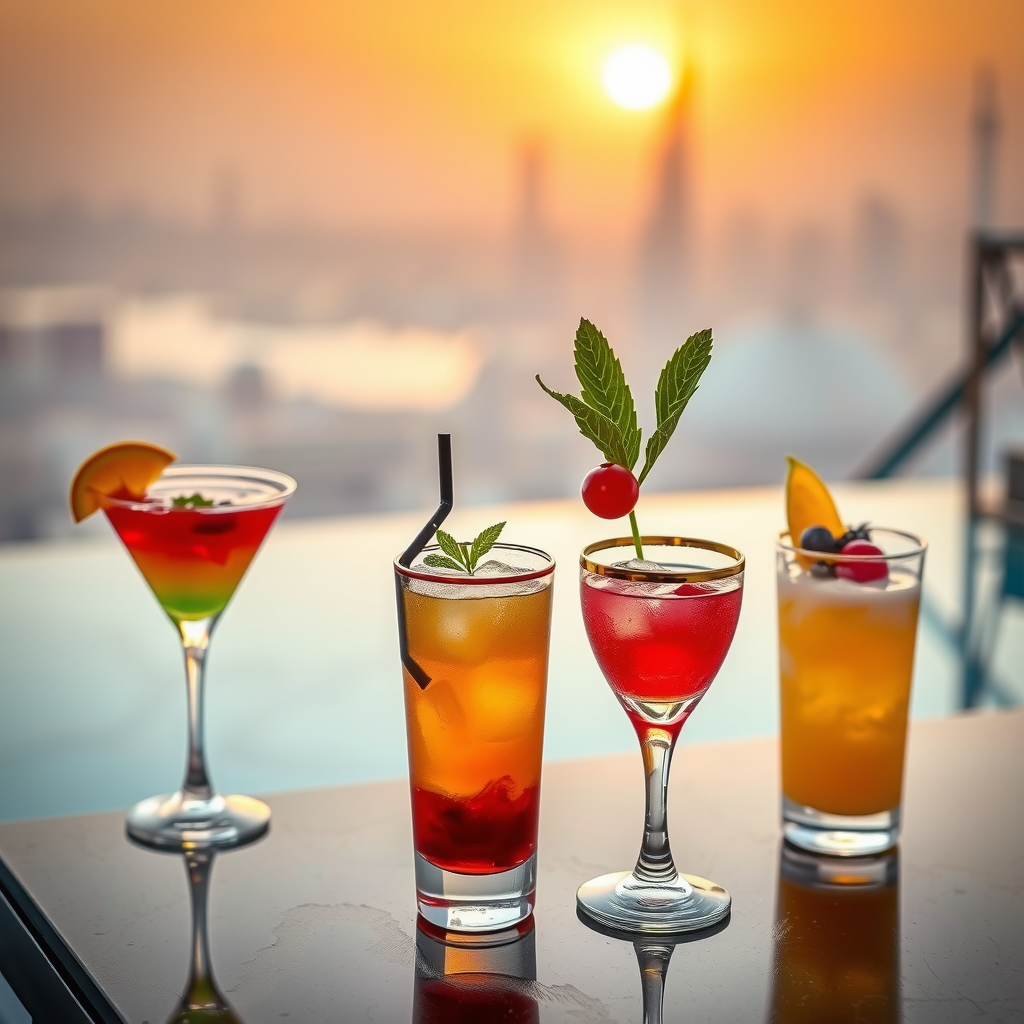 Beautifully styled signature cocktails at Sky Pool at Aura, featuring colorful layered drinks with fresh garnishes, gold-rimmed glasses, and the Dubai skyline artfully blurred in the background during golden hour
