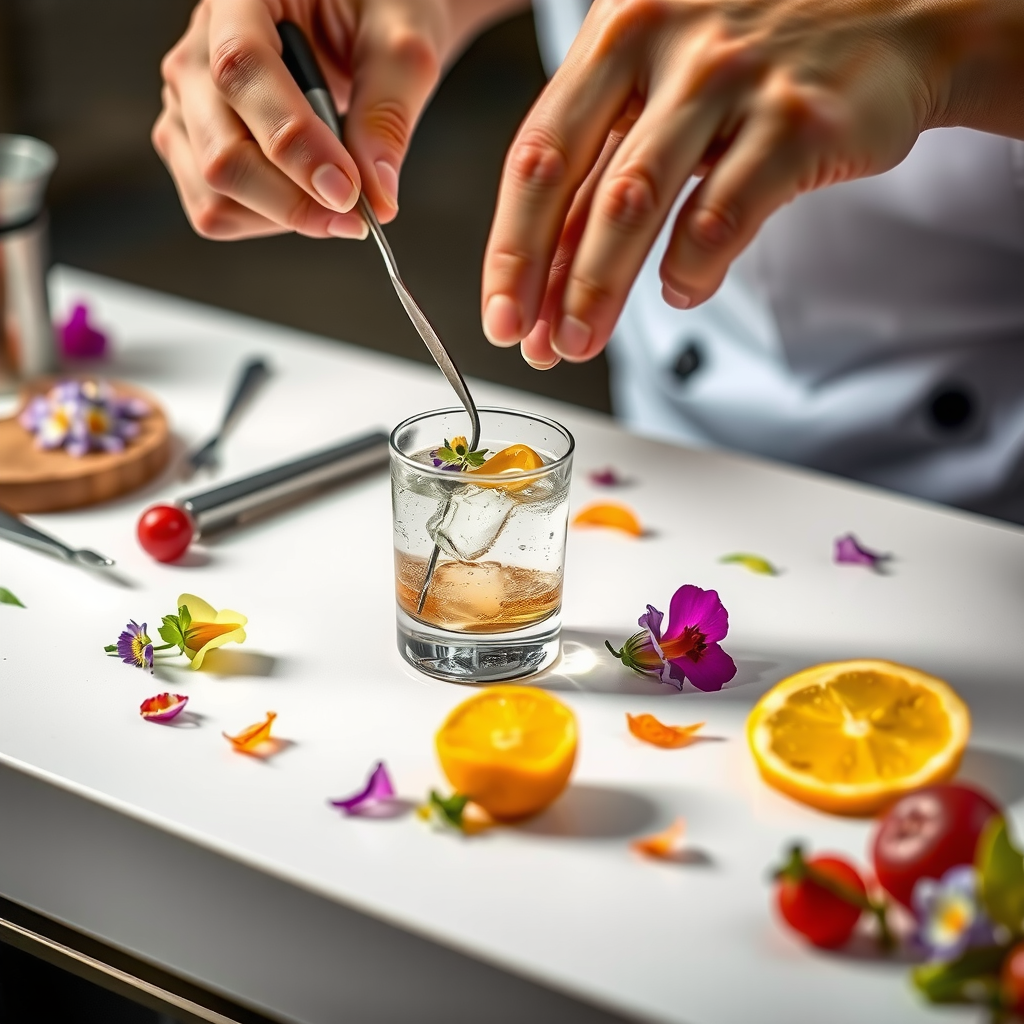 Detailed close-up of mixologist preparing elaborate cocktail garnishes including edible flowers, citrus twists, and gold leaf on a clean white surface, professional tools and fresh ingredients arranged artistically