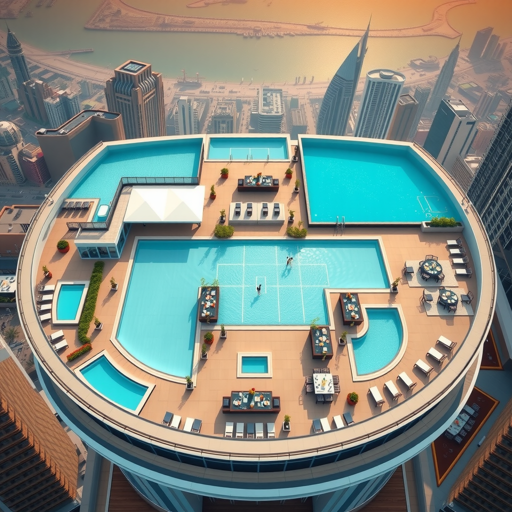 Stunning aerial view of Sky Pool at Aura infinity pool showing the entire rooftop venue layout, multiple seating areas, pool deck, dining spaces, and panoramic Dubai skyline views from above