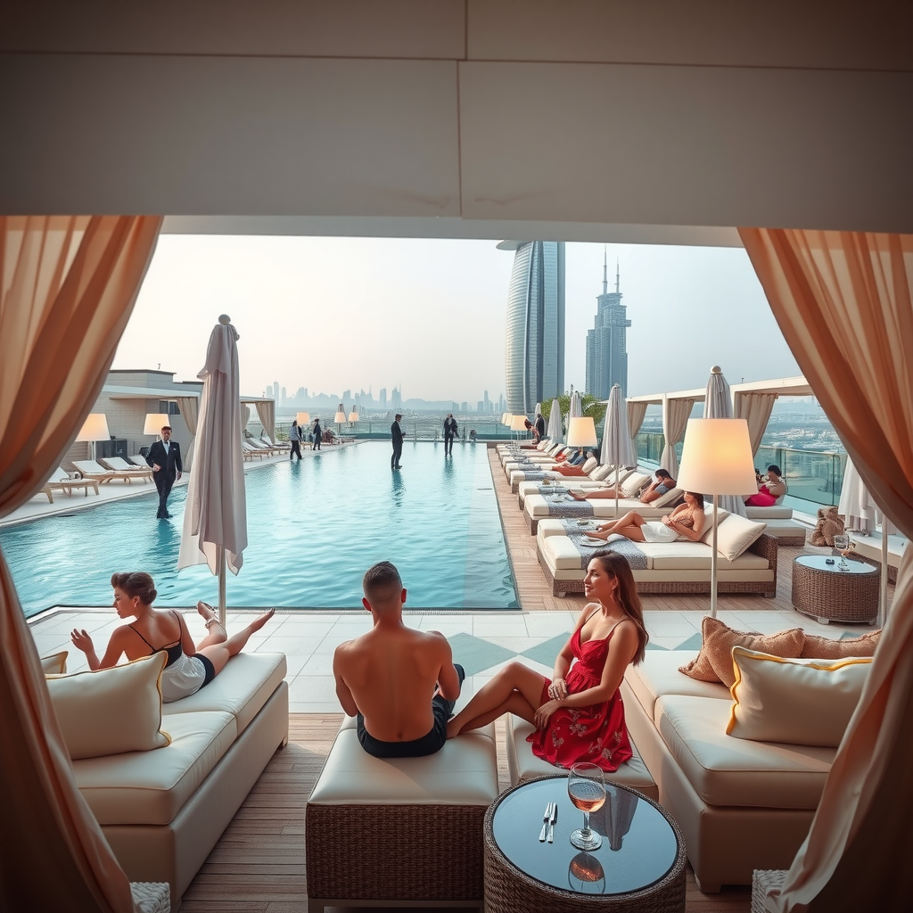 Sophisticated atmosphere at Sky Pool at Aura showing well-dressed guests relaxing in premium cabanas, attentive service staff, elegant poolside setting, and the exclusive ambiance of Dubai's premier rooftop destination