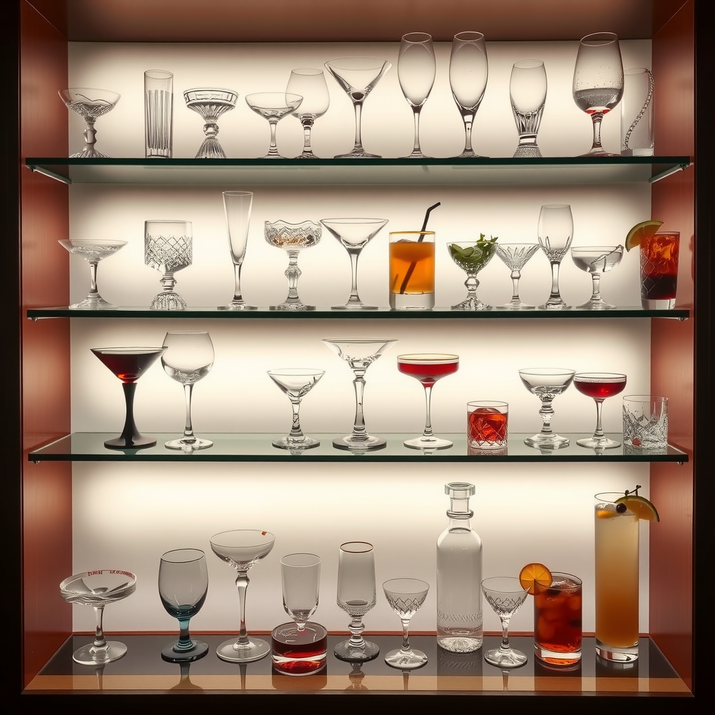 Elegant display of various premium cocktail glassware including coupes, martini glasses, and highballs on illuminated glass shelves, each glass perfectly polished and reflecting ambient bar lighting