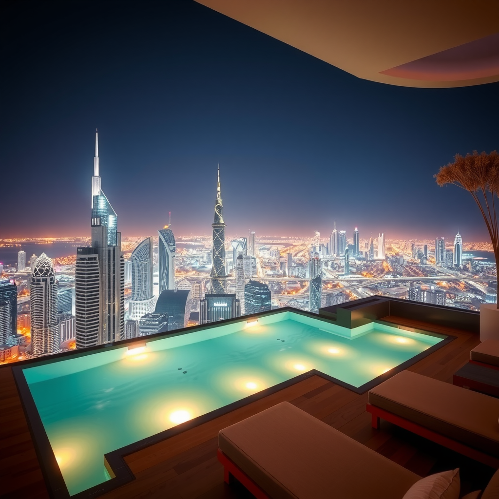 Mesmerizing night view from Sky Pool at Aura showing the illuminated Dubai skyline with thousands of city lights, the glowing infinity pool with underwater lighting, and the sophisticated evening ambiance of the rooftop venue