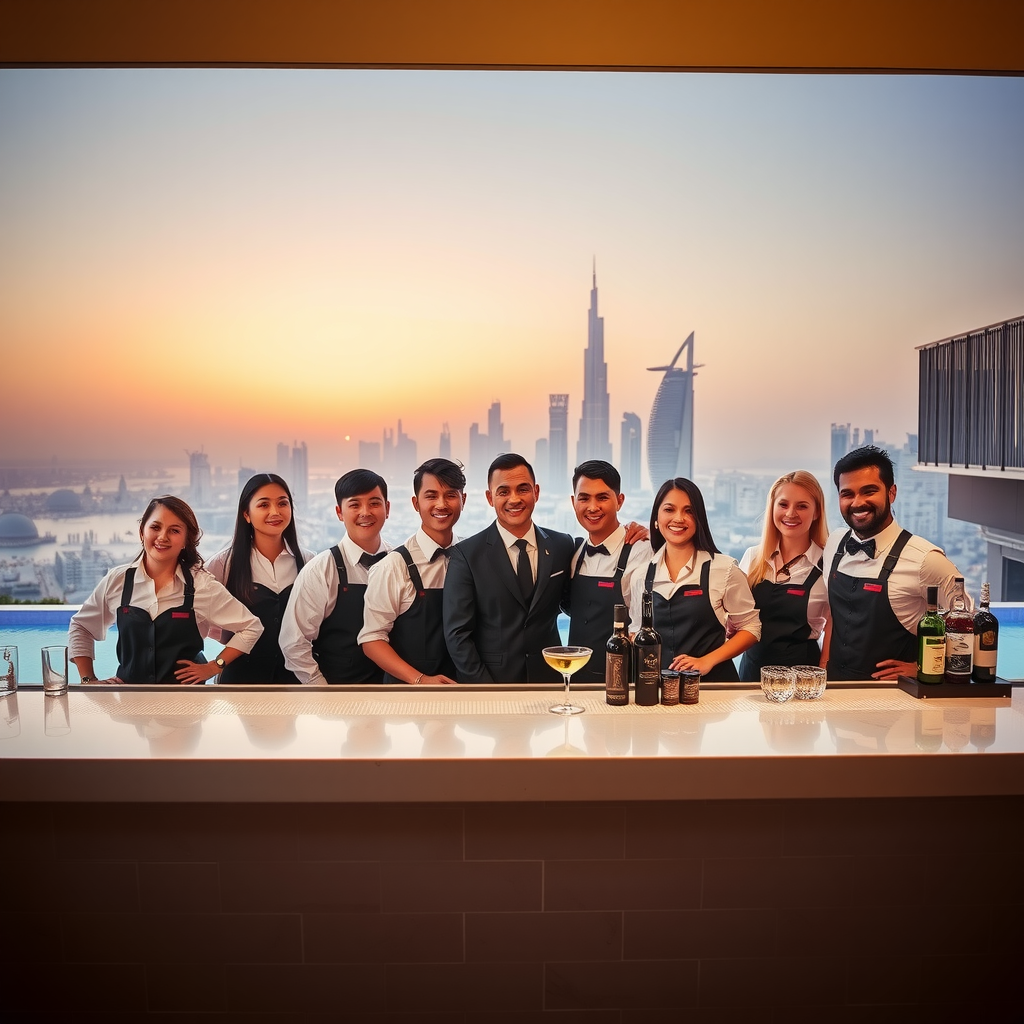 Sky Pool's complete bartending team standing together behind the bar during golden hour, Dubai skyline illuminated in background, professional attire, warm smiles, infinity pool visible, capturing the essence of luxury rooftop hospitality